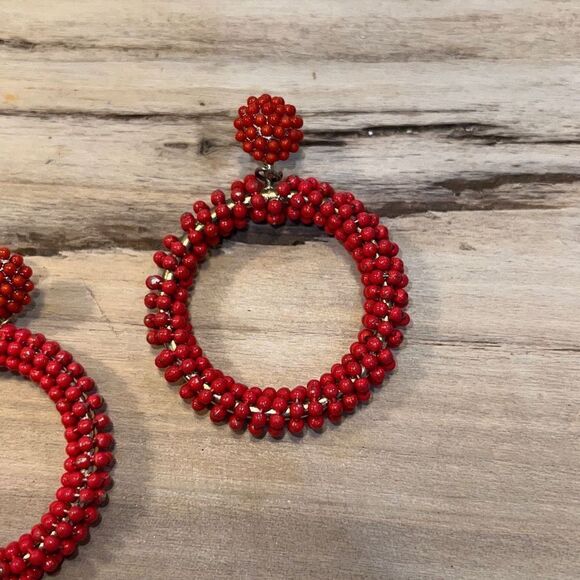 Orange Beaded Hoop Earrings Gold Tone Boho Bohemian Flair - Picture 3 of 6